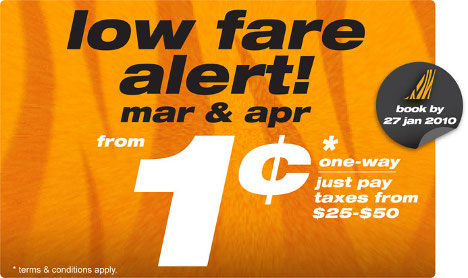 Tiger Airways March and April on sale from 1 cent plus tax